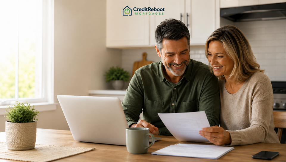 Couple reviewing mortgage documents at home while exploring home equity loan options online