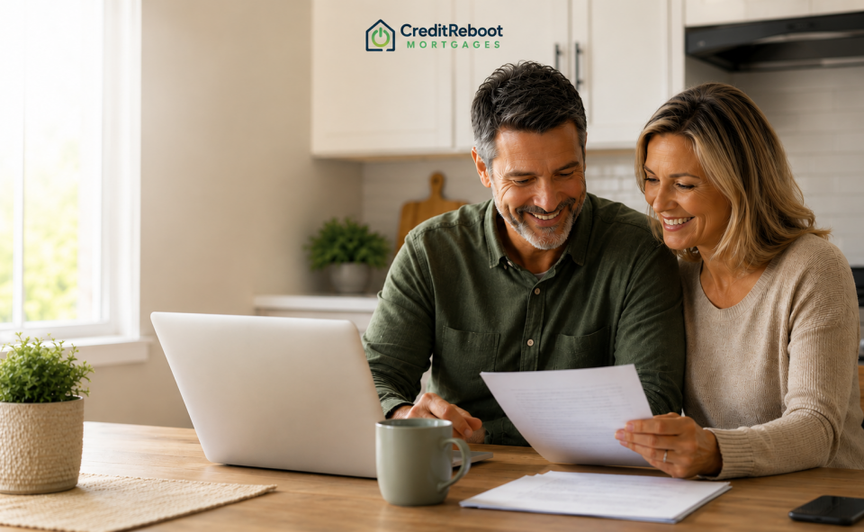 Couple reviewing mortgage documents at home while exploring home equity loan options online