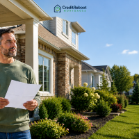 Homeowner standing outside a Canadian house reviewing mortgage documents before refinancing