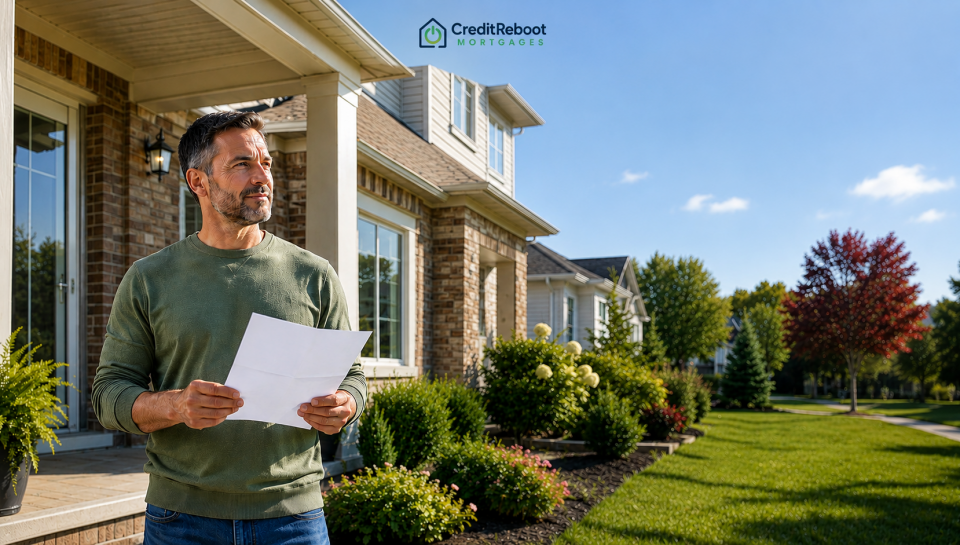 Homeowner standing outside a Canadian house reviewing mortgage documents before refinancing
