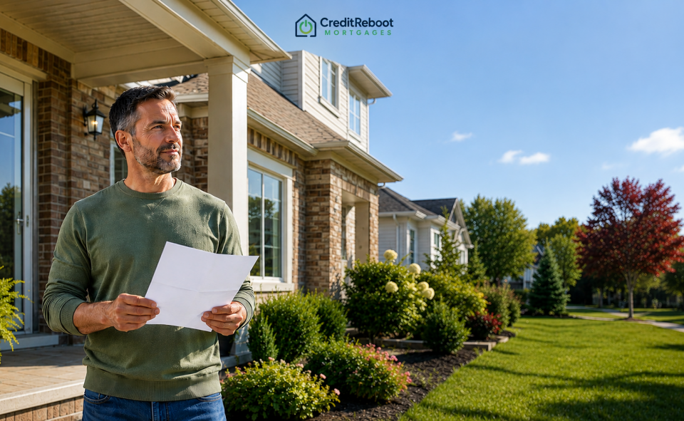 Homeowner standing outside a Canadian house reviewing mortgage documents before refinancing