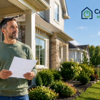 Homeowner reviewing a property tax notice outside their Canadian home