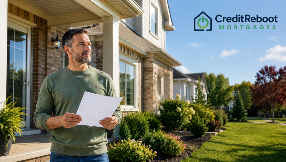 Homeowner reviewing a property tax notice outside their Canadian home