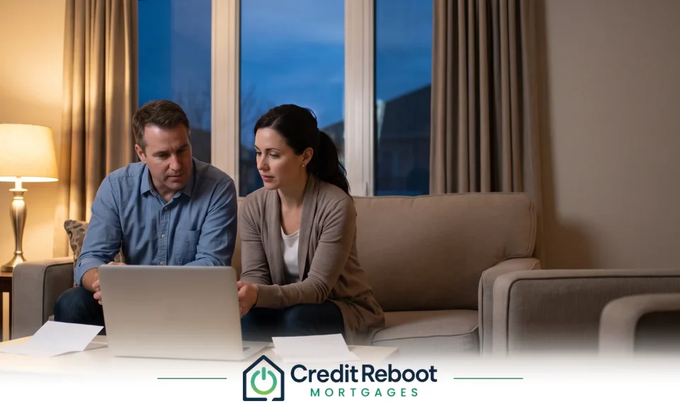 Couple on a sofa reviewing a laptop and paperwork together in a lamplit living room at night