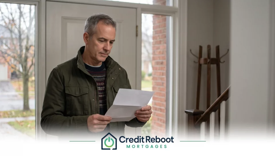 Homeowner standing in his front hallway reading a letter from his lender