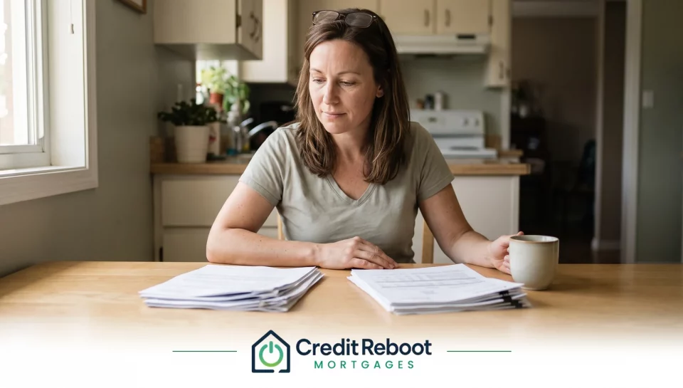 Woman sorting through bills at her kitchen table with a cup of coffee