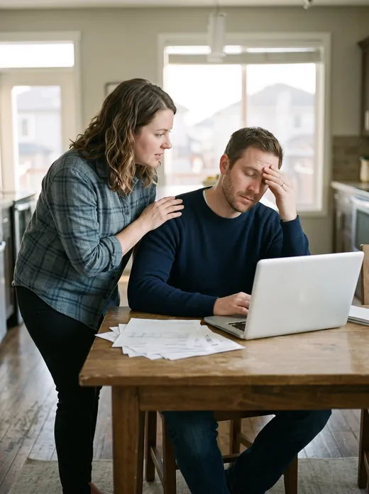Calgary homeowner reviewing credit card statements at the kitchen table after the bank declined a refinance