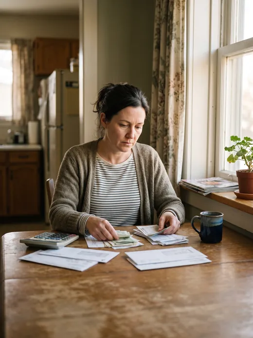 Lethbridge homeowner sorting bills and mortgage statements at her dining table