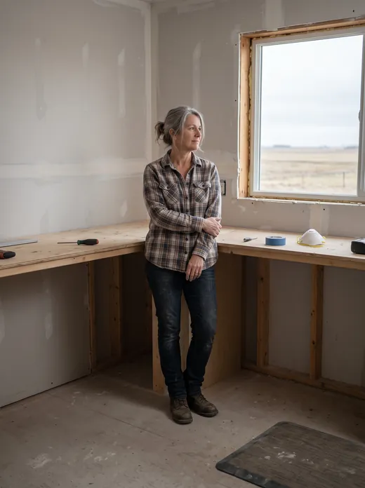 Red Deer County homeowner standing in a partly renovated acreage kitchen