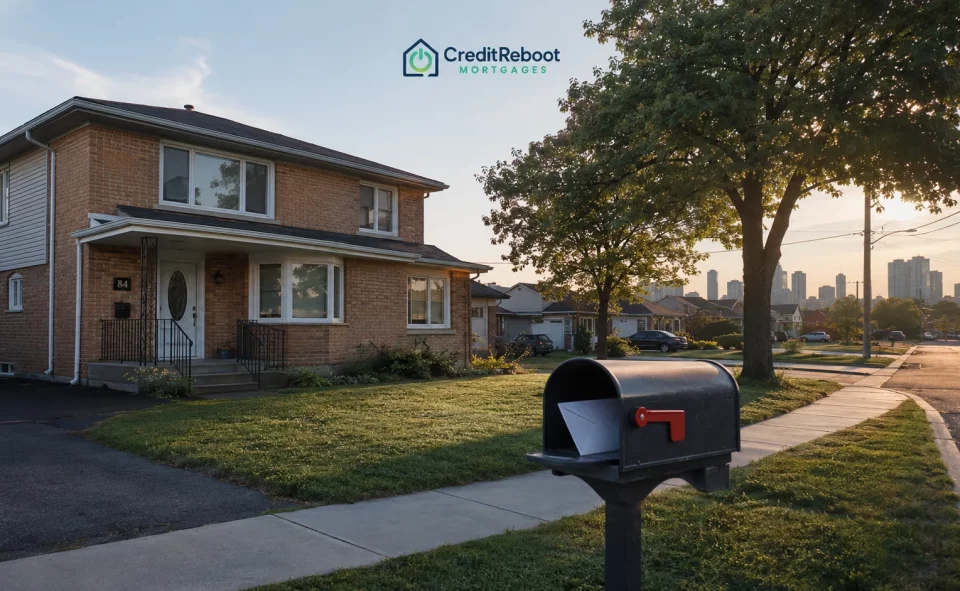 Ontario brick home with an open mailbox at the curb and the Toronto skyline behind