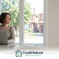 Woman at a laptop by her kitchen window looking out at an Ontario suburban street