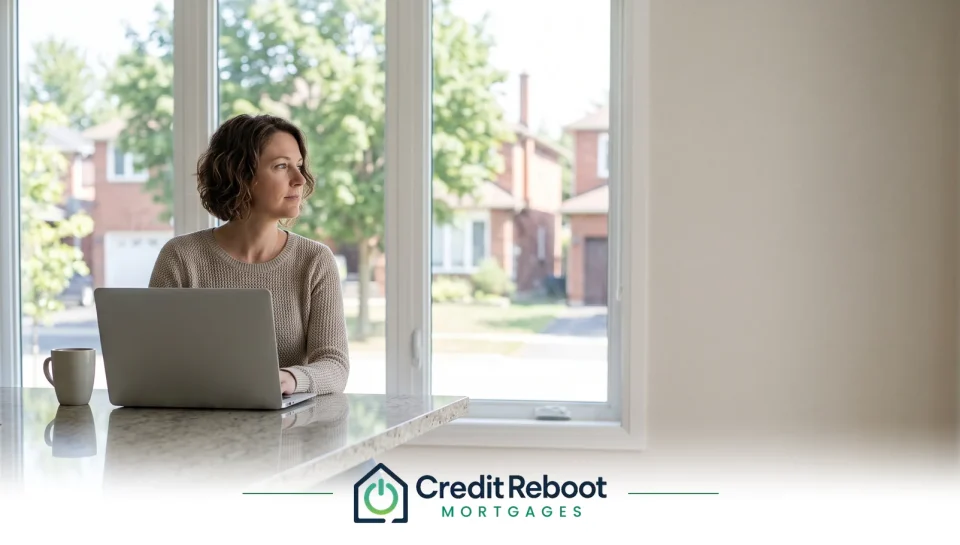Woman at a laptop by her kitchen window looking out at an Ontario suburban street