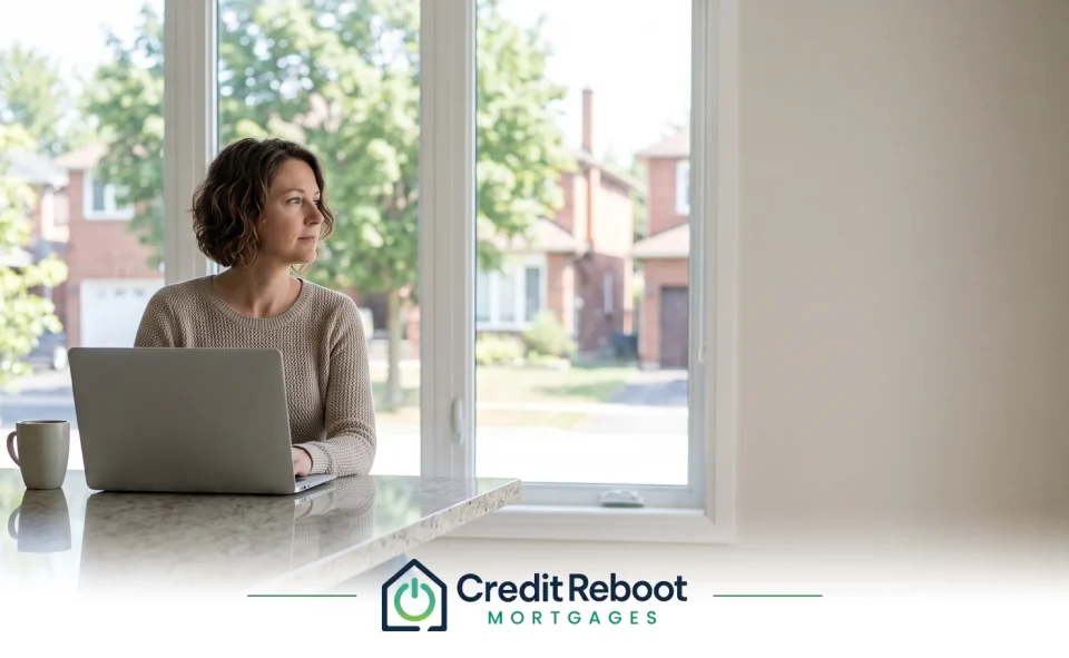 Woman at a laptop by her kitchen window looking out at an Ontario suburban street