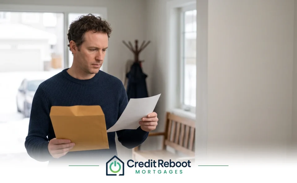 Man in his front entryway reading a document taken from a large brown envelope