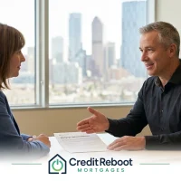 Mortgage broker explaining a document to a client in a Calgary office