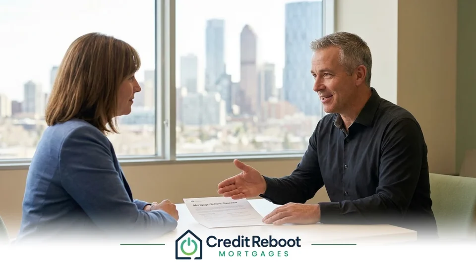 Mortgage broker explaining a document to a client in a Calgary office
