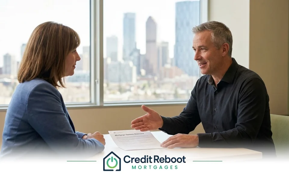 Mortgage broker explaining a document to a client in a Calgary office