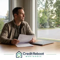 Alberta homeowner at a kitchen table reviewing a loan decline letter beside mortgage statements