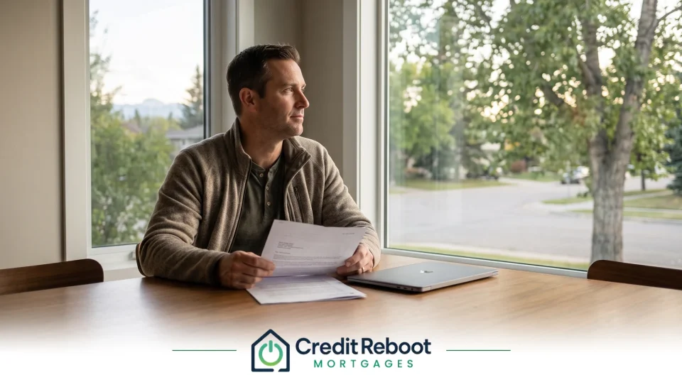 Alberta homeowner at a kitchen table reviewing a loan decline letter beside mortgage statements