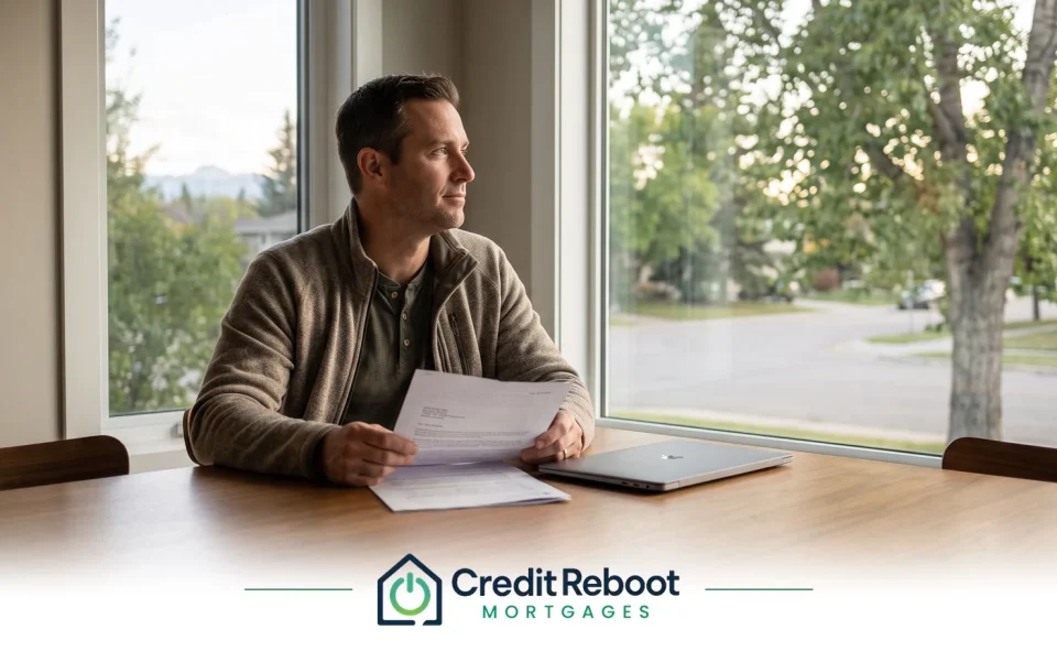 Alberta homeowner at a kitchen table reviewing a loan decline letter beside mortgage statements