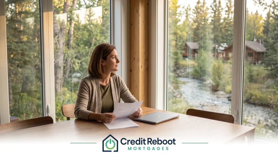 Woman at a dining table holding a lender letter beside a laptop, trees and a creek through the window