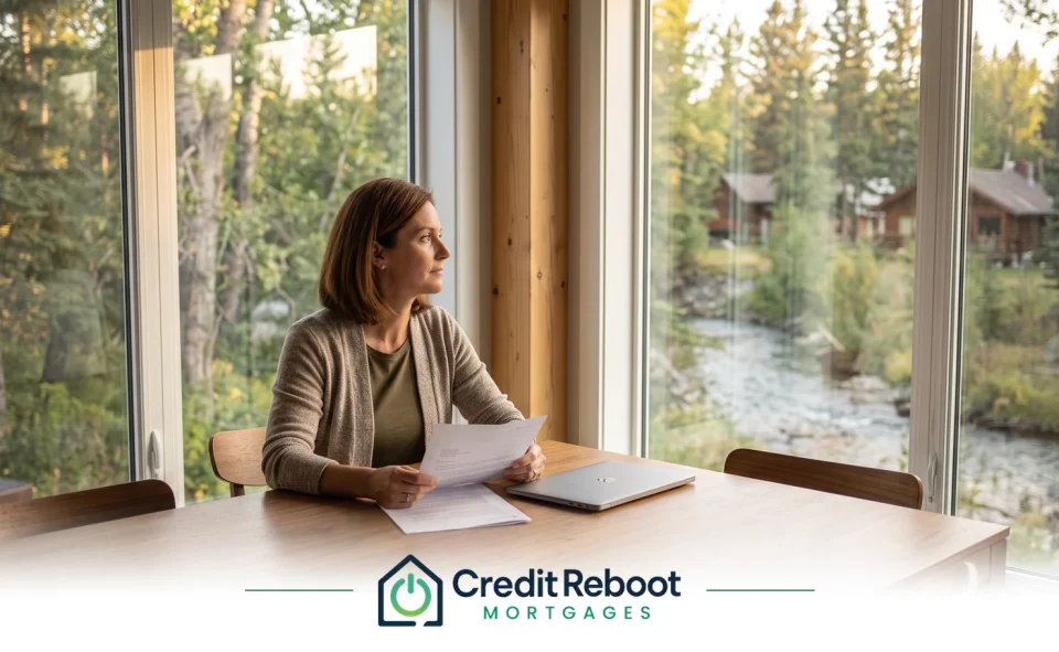Woman at a dining table holding a lender letter beside a laptop, trees and a creek through the window
