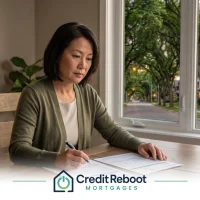 Woman signing mortgage paperwork at a dining table, Ontario street of brick homes at dusk through the window