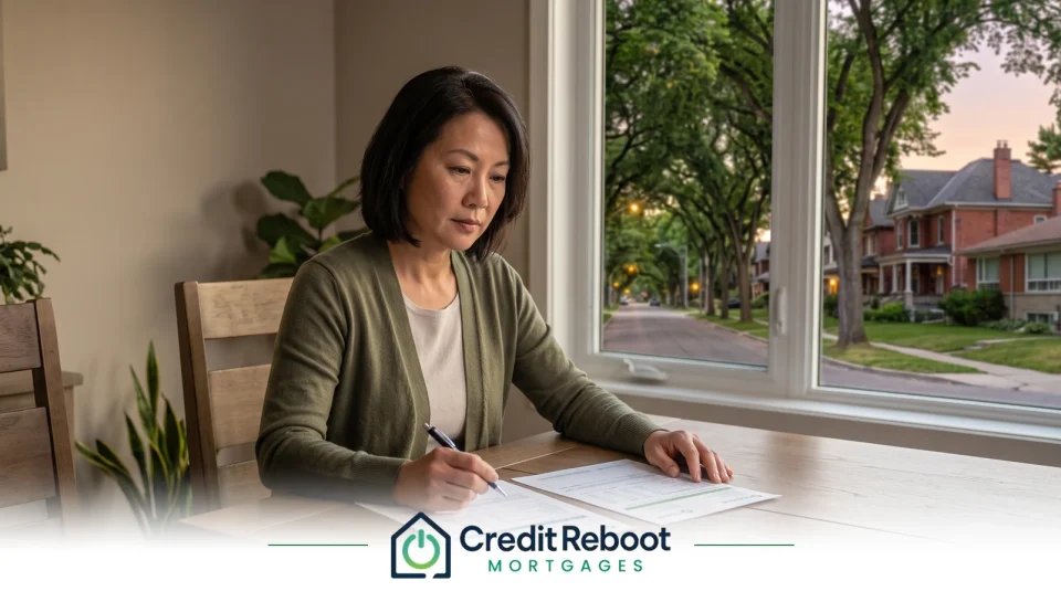 Woman signing mortgage paperwork at a dining table, Ontario street of brick homes at dusk through the window