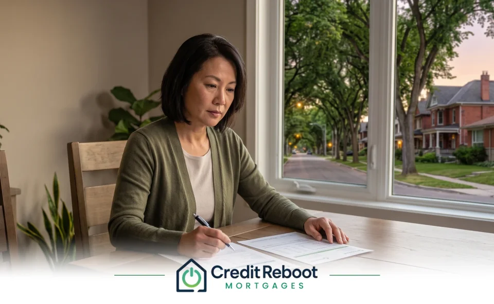 Woman signing mortgage paperwork at a dining table, Ontario street of brick homes at dusk through the window