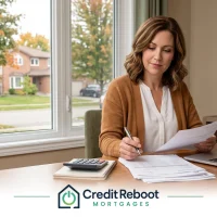 Self-employed Ontario business owner reviewing business bank statements and invoices at a desk