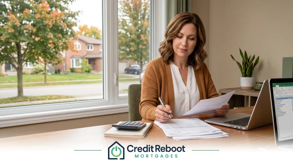 Self-employed Ontario business owner reviewing business bank statements and invoices at a desk