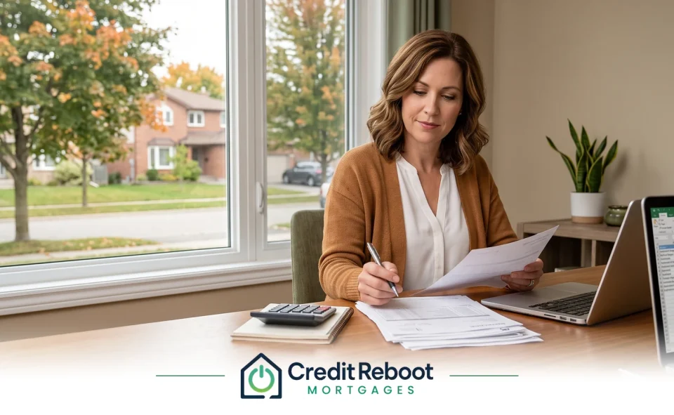 Self-employed Ontario business owner reviewing business bank statements and invoices at a desk