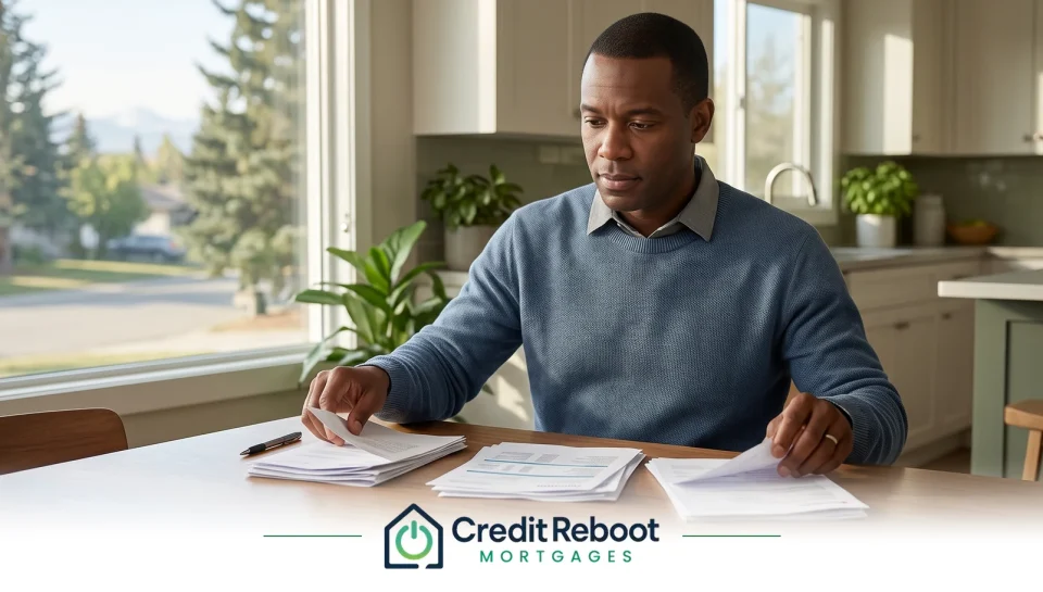 Alberta homeowner reviewing credit reports and collection notices at a kitchen table