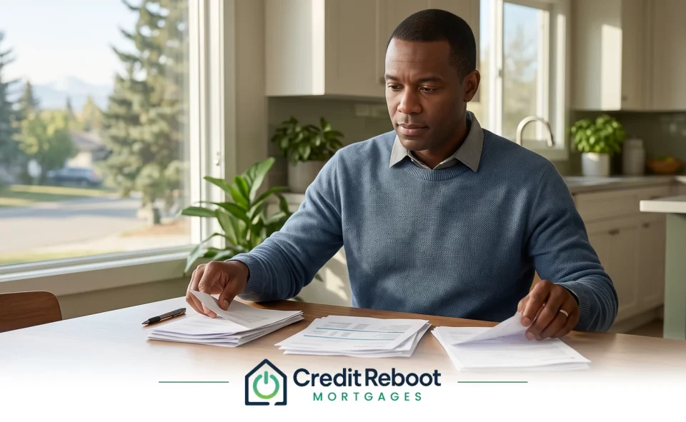 Alberta homeowner reviewing credit reports and collection notices at a kitchen table