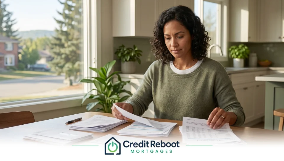 Ontario homeowner reviewing credit reports and collection notices at a kitchen table