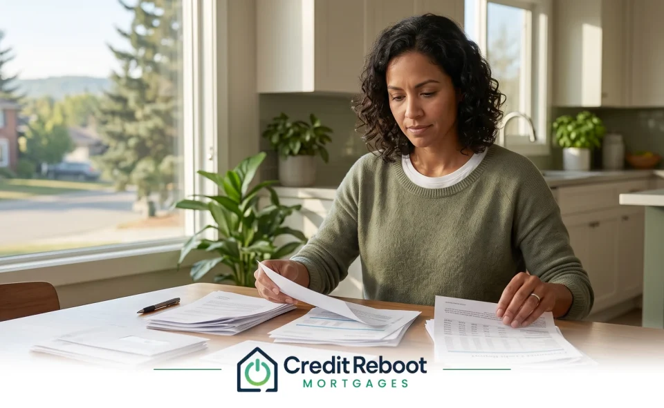Ontario homeowner reviewing credit reports and collection notices at a kitchen table