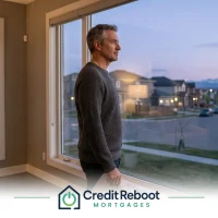 Alberta homeowner at a window holding a second mortgage statement, suburban street beyond