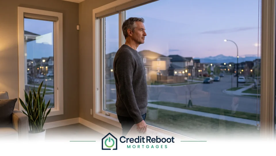 Alberta homeowner at a window holding a second mortgage statement, suburban street beyond