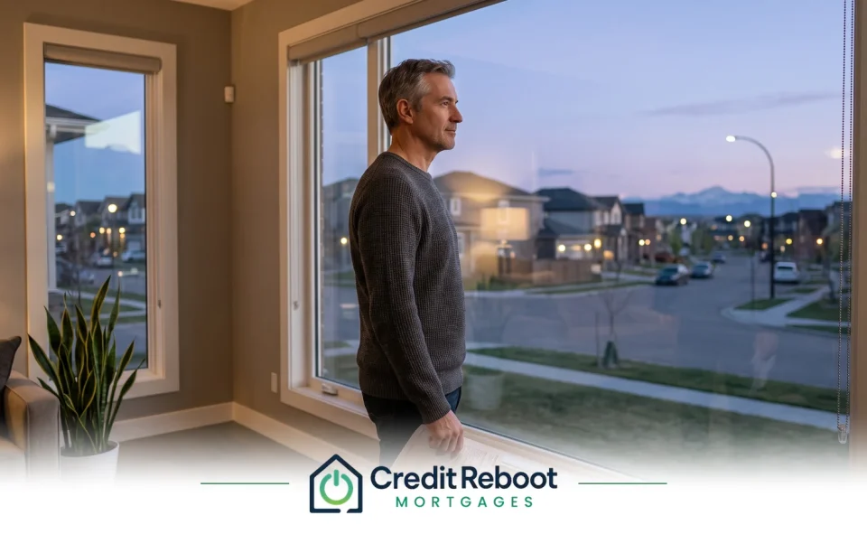 Alberta homeowner at a window holding a second mortgage statement, suburban street beyond
