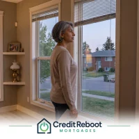 Ontario homeowner at a window holding a second mortgage statement, suburban street beyond