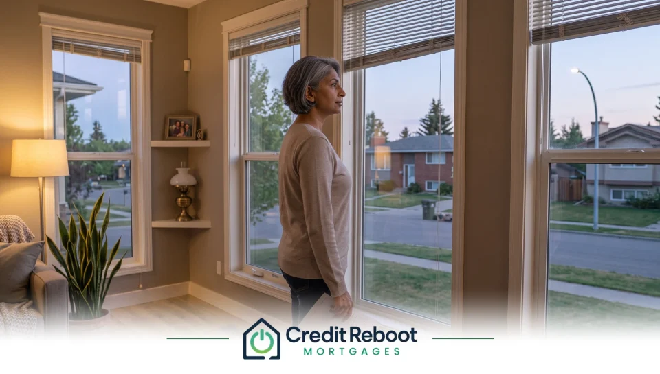 Ontario homeowner at a window holding a second mortgage statement, suburban street beyond