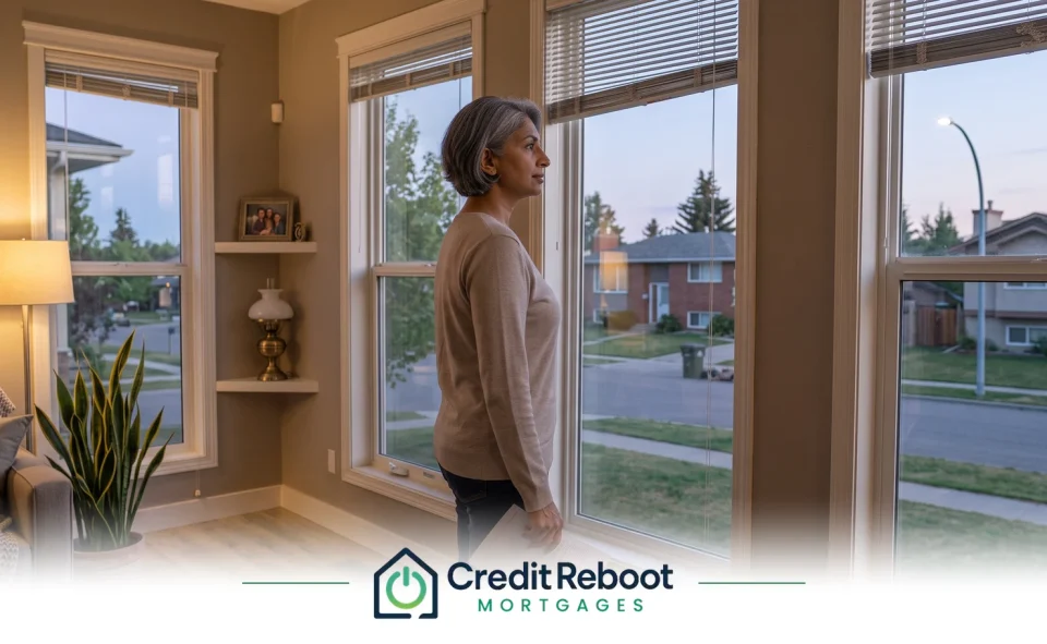 Ontario homeowner at a window holding a second mortgage statement, suburban street beyond