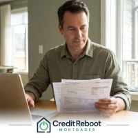 Alberta homeowner reviewing a municipal property tax statement alongside credit card bills