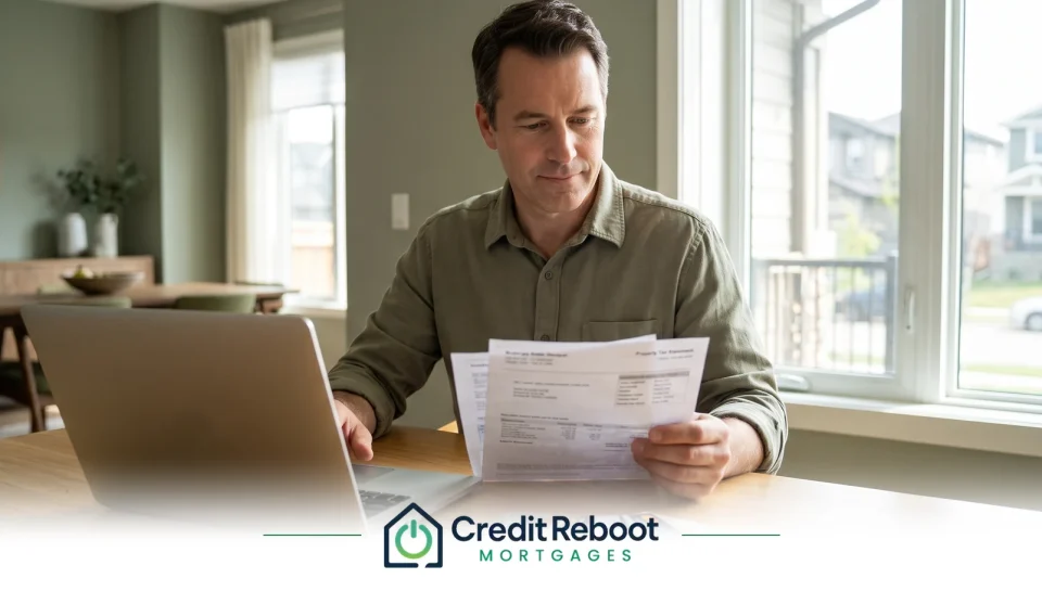 Alberta homeowner reviewing a municipal property tax statement alongside credit card bills