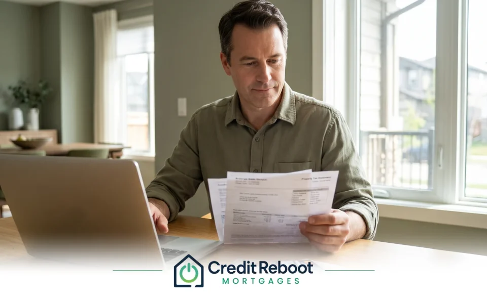 Alberta homeowner reviewing a municipal property tax statement alongside credit card bills