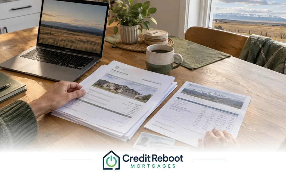 Hands comparing two mortgage statements beside a laptop at a table overlooking Alberta prairie